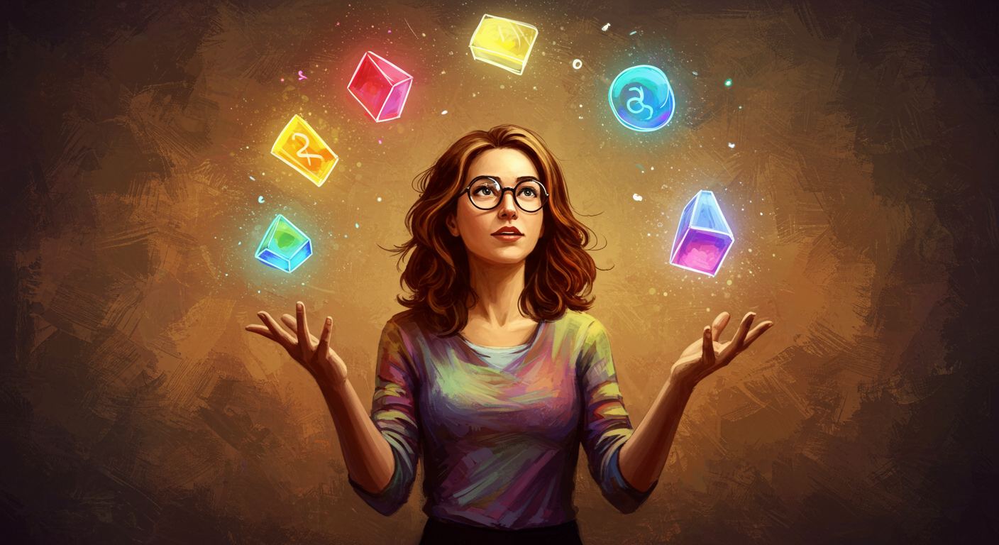 Image (Created with ImageFX): Illustration in the style of post-impressionism of a Caucasian woman with brown hair and glasses juggling conceptual items.