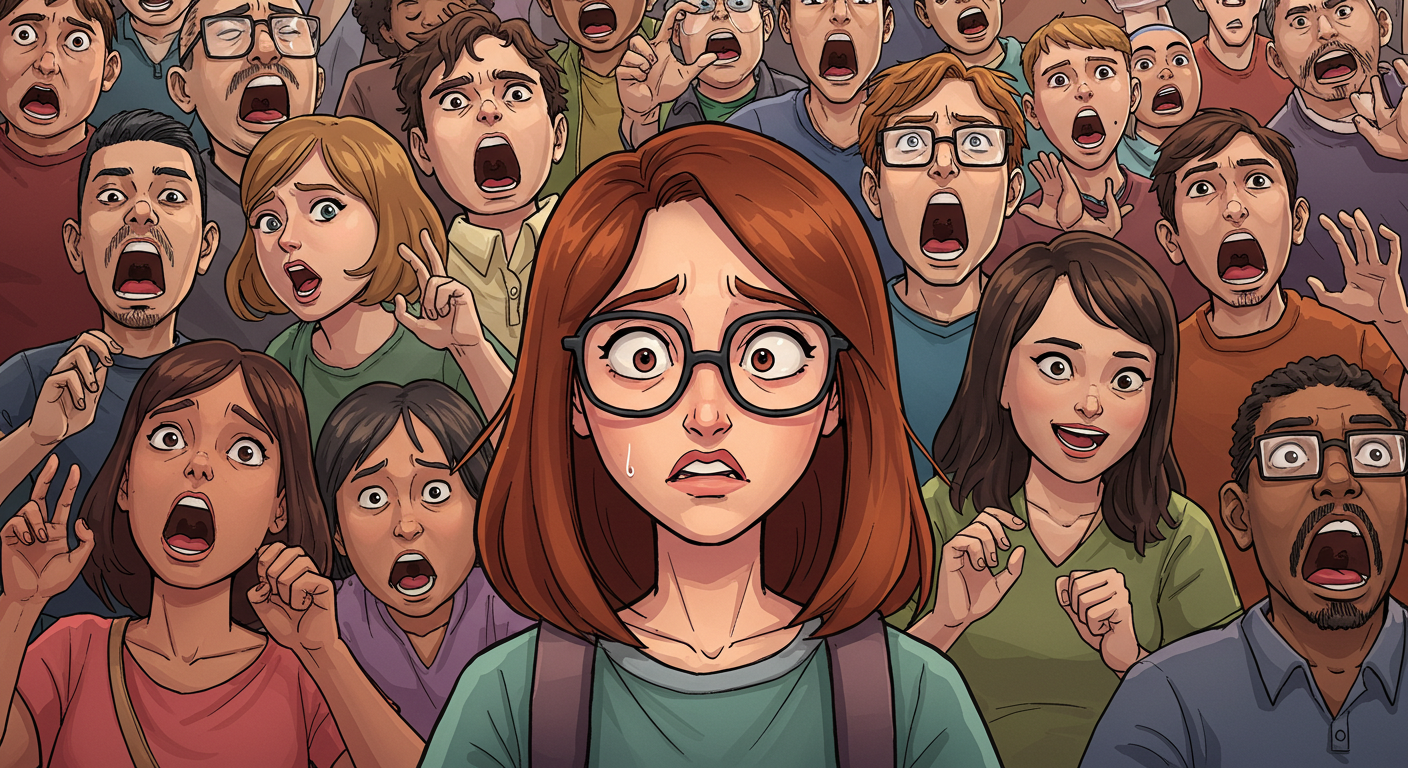 Image (Created with ImageFX): An illustration of a woman with brown hair and glasses looking overwhelmed while standing in a crowd of people who are all talking and yelling at once.