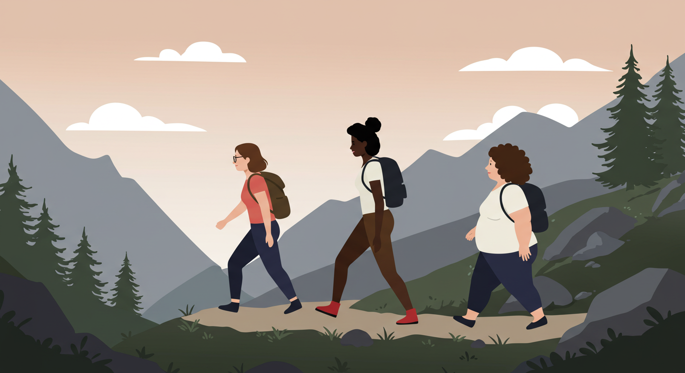 Image (Created with ImageFX): Minimalist illustration of three diverse women walking up a mountain path, the first leading with brown hair and glasses.