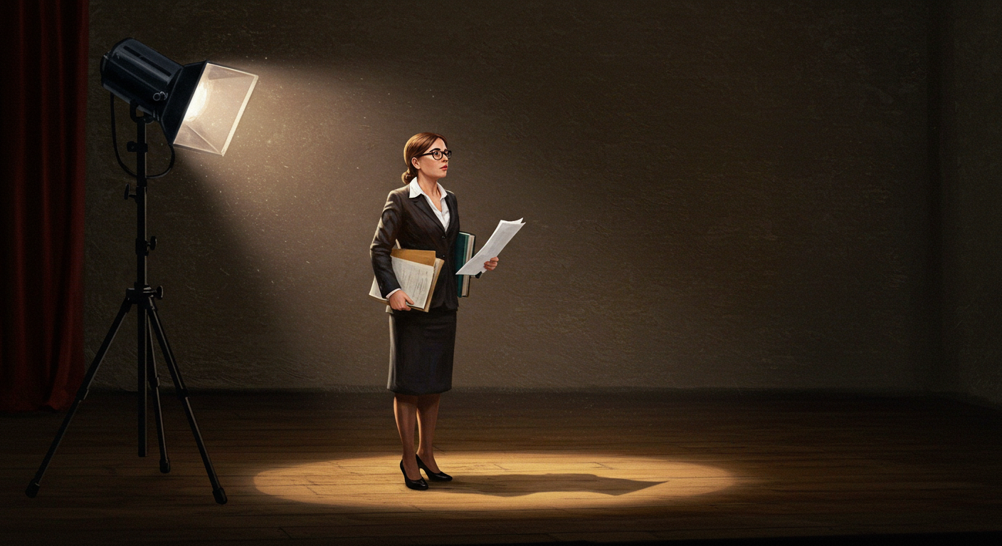 Image (Created with ImageFX): Illustration of a Caucasian female professor with brown hair and glasses standing on a stage holding books and papers at her side under a spotlight and looking out over an empty room.