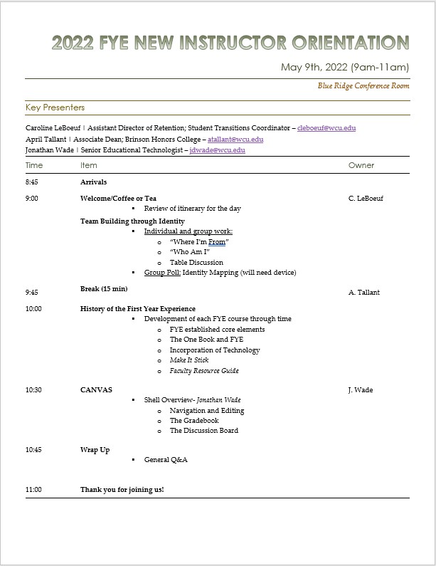 Screenshot of daily agenda for orientation day.