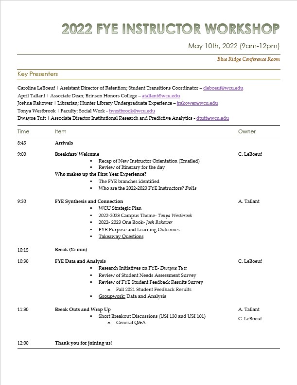 Screenshot of daily agenda for workshop day.