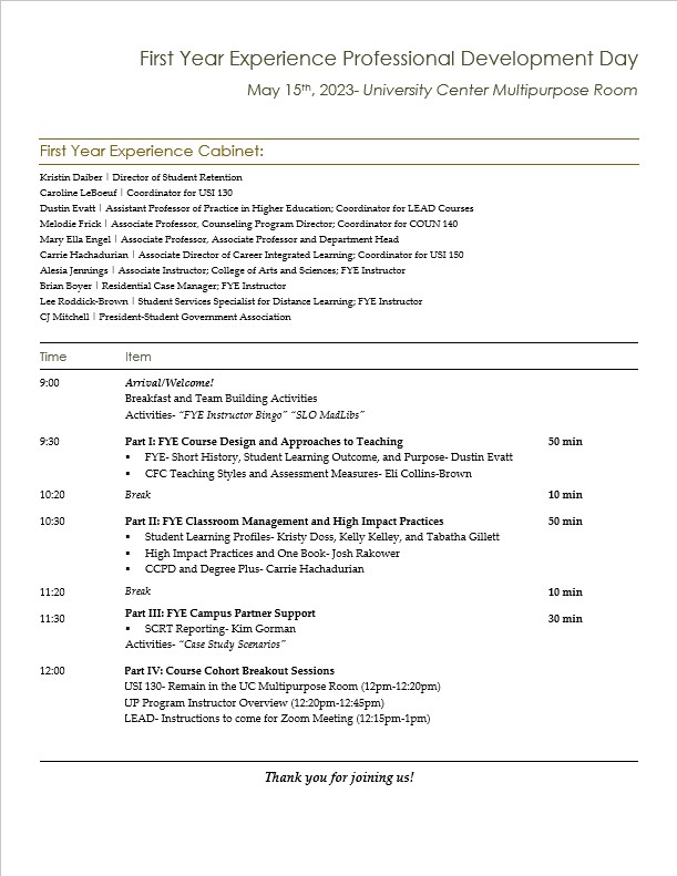 Screenshot of daily agenda for workshop day.