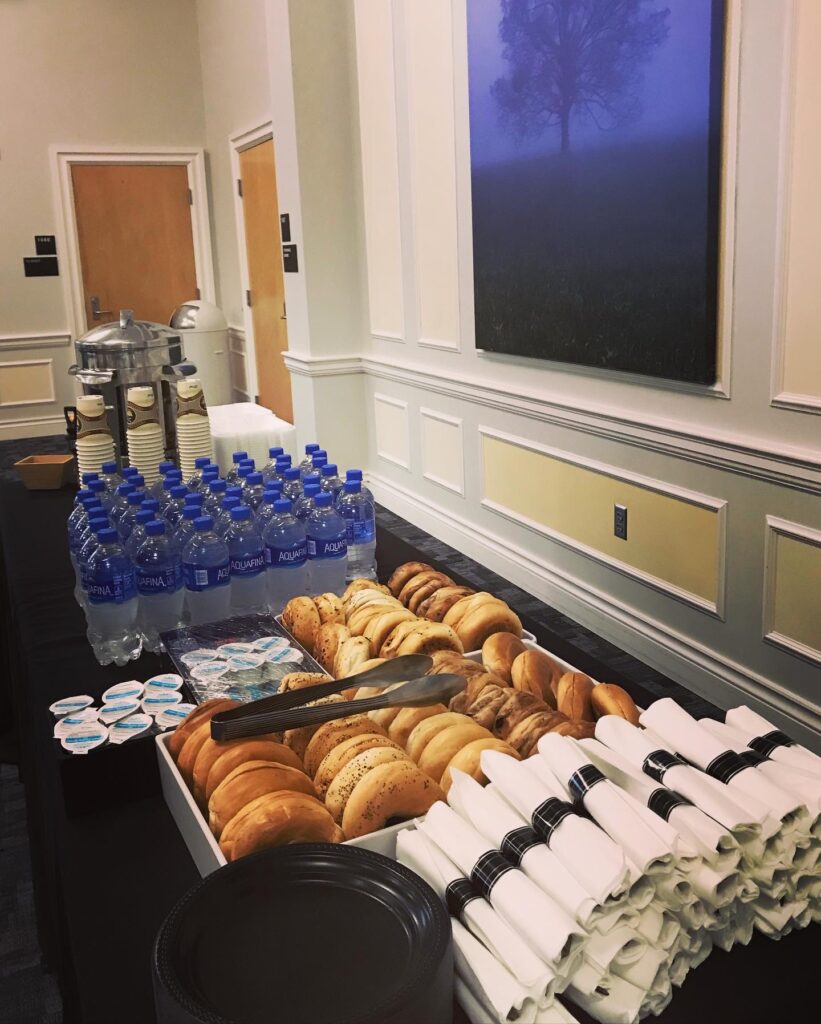 Catering spread for the workshop image including bagels, coffee, and tea.